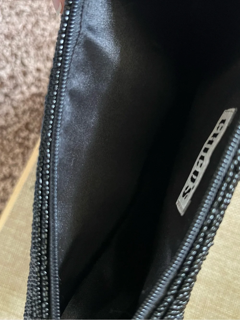 Chico's Black and Rose Gold Sequin Fan Wristlet Clutch